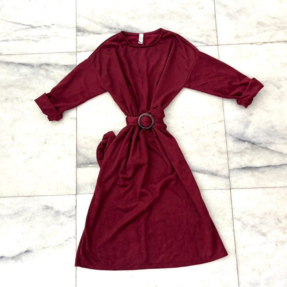 Flamingo Dress Burgundy Faux Suede Midi 3/4 Sleeve Belted Womens S Career USA